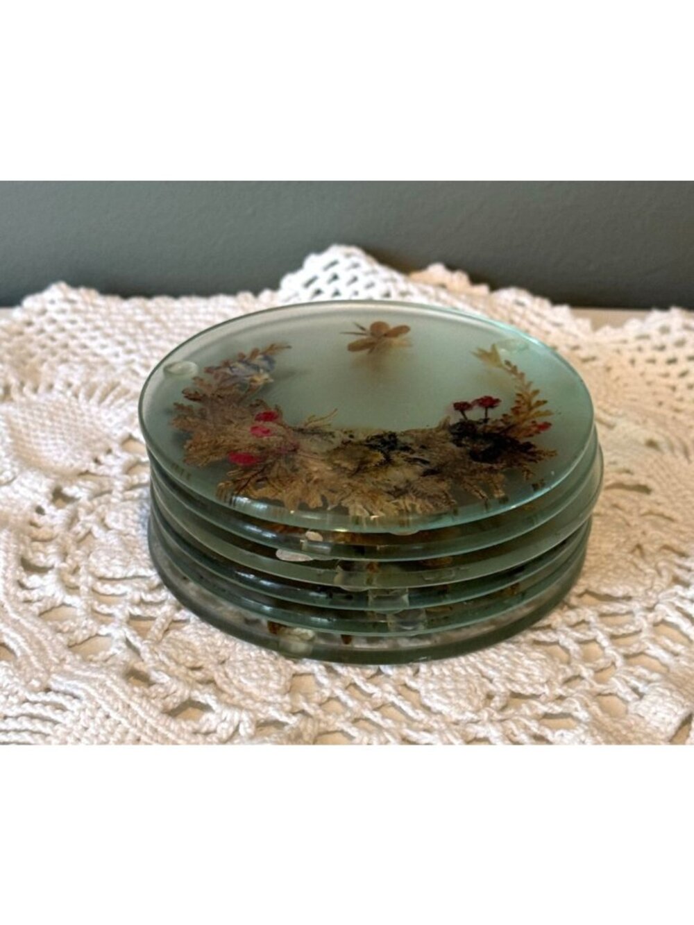 Vintage Pressed Flower Glass Coasters Set of 6 Botanical Resin Coasters